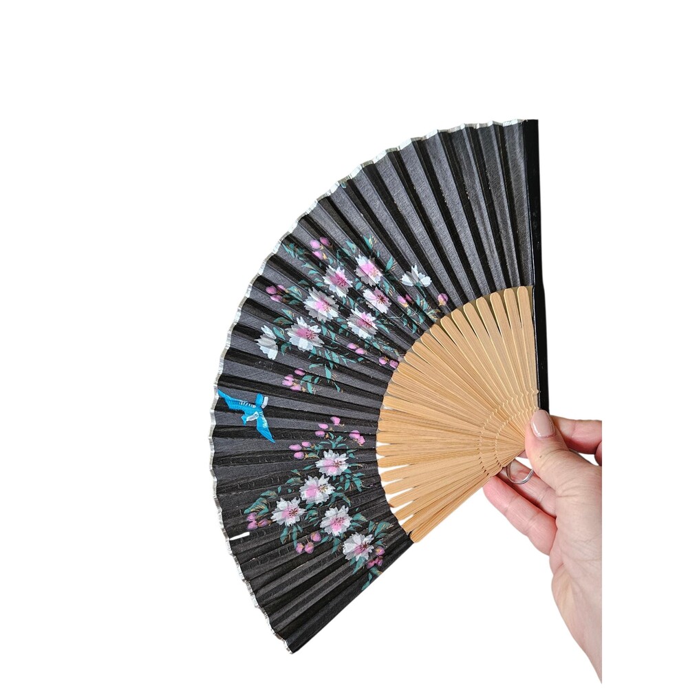 Vintage Hand Held Folding Fan Black with Pink Cherry Blossoms and Blue Bird